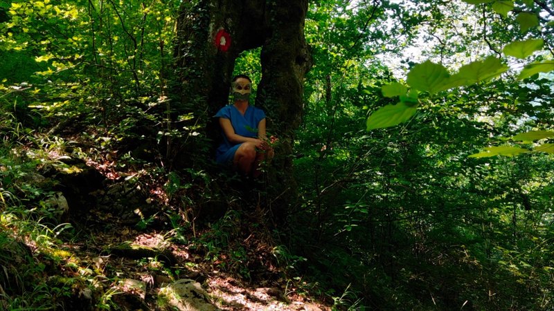 Still from the video: the artist in a leaf mask, seated in the hollow of a large tree