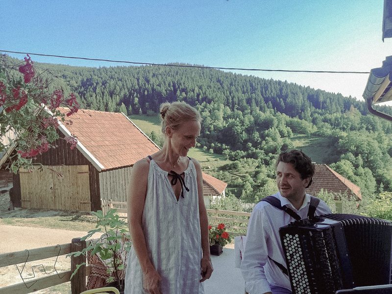 Ingala Fortagne and Goran Stevanović rehearsing on the terrace above the village